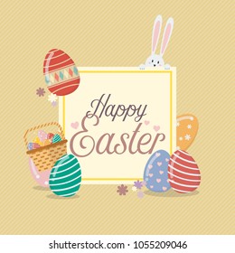 Happy Easter banner template with bunny rabbit and eggs. Easter background template design