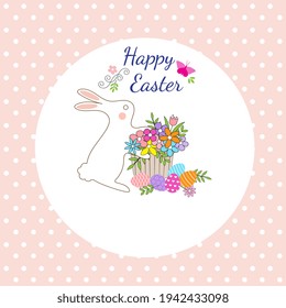 Happy Easter banner template with bunny, colorful eggs and basket of flowers in a white circle on pink background filled with polka dots pattern. Vector illustration backdrop for prints and cards