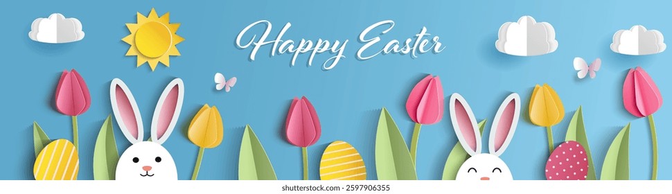 Happy Easter banner template with bunny, eggs, flowers, green grass  and blue sky in  paper cut style. Vector illustration