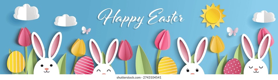 Happy Easter banner template with bunny, eggs, flowers, green grass and blue sky in paper cut style. Vector illustration Happy Easter banner template with bunny, eggs, flowers, green grass and blue sky in paper cut style. Vector illustration