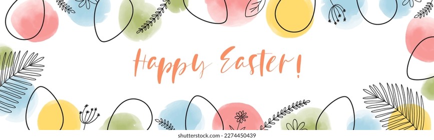 Happy Easter banner template with colorful abstract spots, doodle eggs and plants. Hand drawn vector illustration of minimalistic linear elements