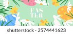 Happy Easter banner template. Creative Easter vector illustration with bunnies, eggs, spring flowers and grass. Holiday background for design of party, celebration, ad, branding, cover, card, sale.