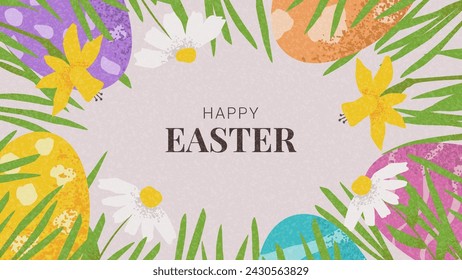 Happy Easter banner template. Creative Easter vector illustration with hand drawn eggs, flowers and grass. Contemporary banner for design of party, flyer, celebration, ad, branding, cover, card, sale.