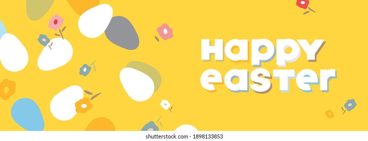 Happy Easter banner template. Eggs, flowers in abstract cut out style isolated on yellow. Lettering of the spring festival in a simple style. Postcard, invitation for social media. Vector illustration