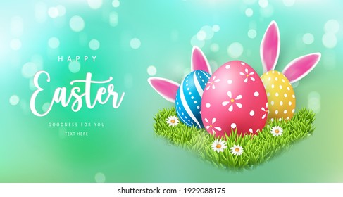 Plantilla de banner de Pascua Feliz con huevos de Pascua y oreja de conejo de flores de pasto verde