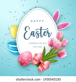 Happy Easter banner template with Easter eggs and tulip flower pink ribbon rabbit ear