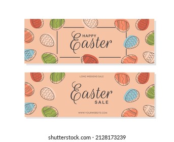 Mapa de pancartas de Feliz Pascua. Huevos de Pascua en colores pastel. Moderno estilo minimalista. Afiche de moda horizontal, tarjeta de saludo, encabezado para sitio web o portada para medios sociales. Ilustración vectorial de estilo plano.