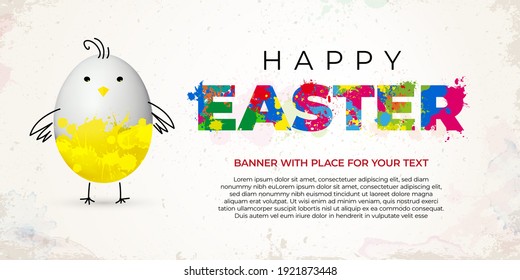 HAPPY EASTER banner template with funny easter egg and copy space on watercolor splashes background - vector illustration