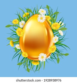 Mapa de pancartas de Feliz Pascua. El oro brilla sobre huevos realistas flores primavera coloridas chamóvil, dientes de león. Afiche de las fiestas de primavera