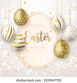 Happy Easter banner template with golden luxury Easter eggs tag card