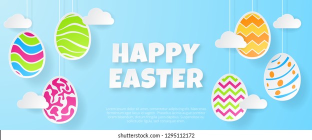 Happy easter banner template. Greeting Card. Paper cut style. Vector illustration