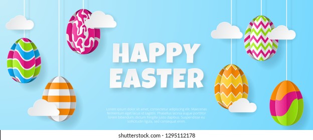 Happy easter banner template. Greeting Card. Paper cut style. Vector illustration