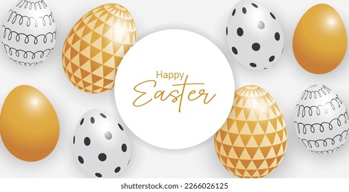 Feliz patrón de banner de Pascua con lujoso tono de color dorado y huevos de oro.
