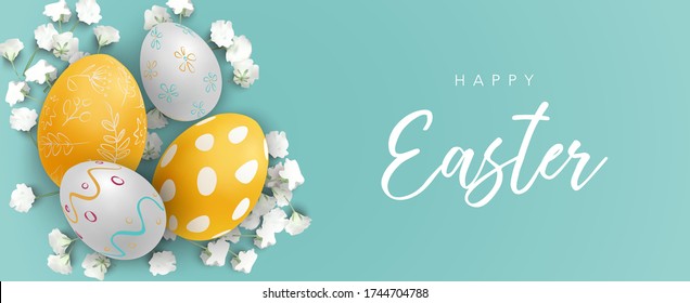 Happy Easter banner template with realistic 3d eggs, white flowers on blue background. Vector illustration for sale, promotion, invitation, greeting, web, social media.