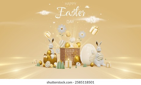 Happy Easter banner template with realistic 3D elements design in golden luxury style with rabbit, golden eggs, gift box and egg basket on a cream background. Vector illustration.