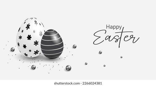 Happy easter banner template with white and black minimalist design eggs.
