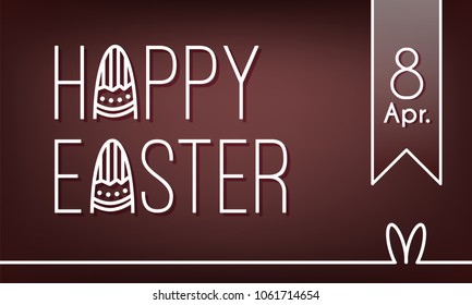Happy Easter banner with text, date, rabbit ears and eggs. Flat linear style. Vector card.