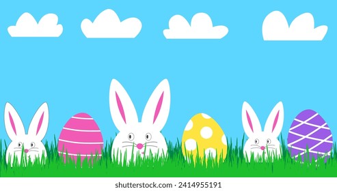 Happy Easter banner with three funny white rabbits and colorful Easter eggs. Easter cute bunny in green grass. Festive decoration in bright colors