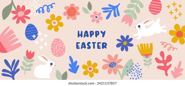 Cartel de Feliz Pascua. Diseño moderno y atrevido de Pascua con tipografía, flores en negrita, huevos, conejito, en colores pastel. Moderno estilo minimalista. Afiche horizontal, tarjeta de saludo, cabecera del sitio web