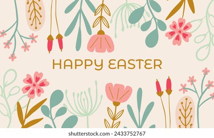 Happy Easter banner. Trendy bold Easter design with typography and bold flowers in pastel colors. Modern minimal style. Horizontal poster, greeting card, header for website