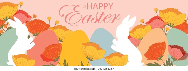 Happy Easter banner. Trendy and bright Easter design  with eggs, easter bunny and spring flowers in pastel colors. Modern art style. Horizontal poster, greeting card, web header 