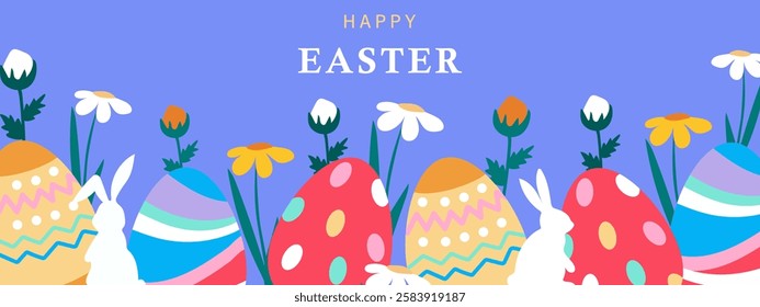 Happy Easter banner. Trendy and colorful design with Easter eggs and bunnies. Horizontal poster, greeting card, web header