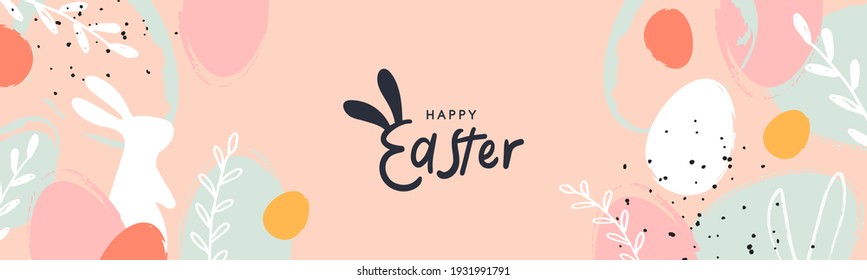 Happy Easter banner  Trendy Easter design and typography  hand painted strokes   dots  eggs   bunny in pastel colors  Modern minimal style  Horizontal poster  greeting card  header for website