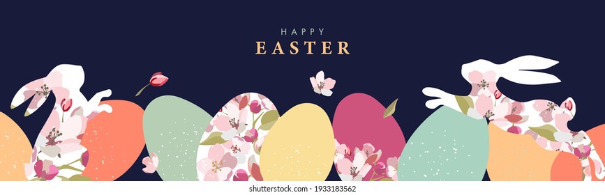 Happy Easter banner. Trendy Easter design with border made of eggs, bunnies and spring flowers in pastel colors on dark blue. Modern flat style. Horizontal poster, greeting card, header for website
