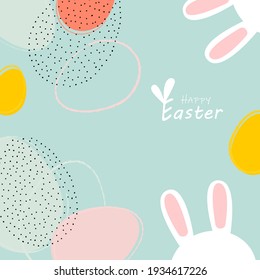 Cartel de Feliz Pascua. Diseño de moda de Pascua con tipografía, trazos y puntos dibujados a mano, huevos, orejas de conejo en colores pastel. Estilo minimalista moderno. Afiche cuadrado, postal, cabecera del sitio web