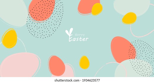 Happy Easter banner. Trendy Easter design with typography, hand drawn strokes and dots, eggs in pastel colors. Modern minimalistic style. Horizontal poster, postcard, header for website