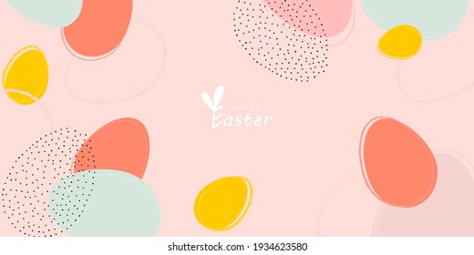 Cartel de Feliz Pascua. Diseño de moda de Pascua con tipografía, trazos y puntos dibujados a mano, huevos en tonos pastel. Estilo minimalista moderno. Afiche horizontal, postal, cabecera del sitio web