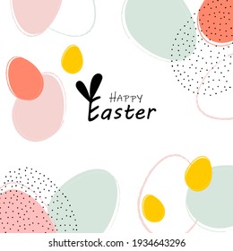 Cartel de Feliz Pascua. Diseño de moda de Pascua con tipografía, trazos y puntos dibujados a mano, huevos, colores pastel. Estilo minimalista moderno. Afiche cuadrado, postal, cabecera del sitio web