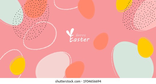 Cartel de Feliz Pascua. Diseño de moda de Pascua con tipografía, trazos y puntos dibujados a mano, huevos, colores pastel. Estilo minimalista moderno. Afiche horizontal, postal, cabecera del sitio web