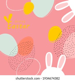 Happy Easter banner. Trendy Easter design with typography, hand drawn strokes and dots, eggs, bunny ears in pastel colors. Modern minimalistic style. Square poster, postcard, header for website