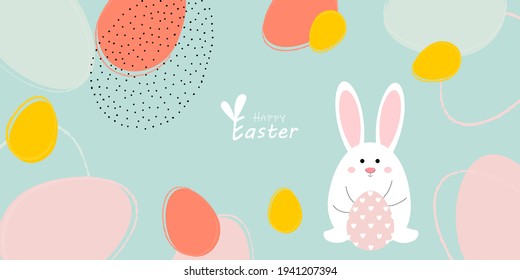 Cartel de Feliz Pascua. Diseño de moda de Pascua con tipografía, trazos y puntos dibujados a mano, huevos, colores pastel. Estilo minimalista moderno. Afiche horizontal, postal, cabecera del sitio web