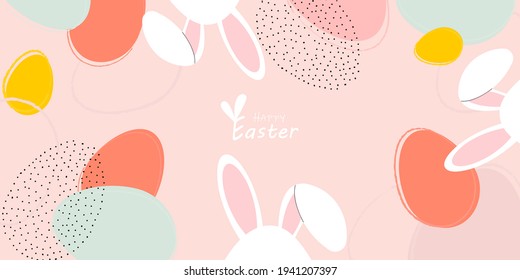 Cartel de Feliz Pascua. Diseño de moda de Pascua con tipografía, trazos y puntos dibujados a mano, huevos, colores pastel. Estilo minimalista moderno. Afiche horizontal, postal, cabecera del sitio web