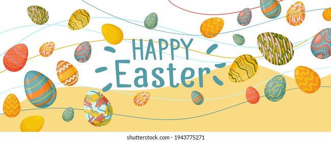 Cartel de Feliz Pascua. Diseño de moda de Pascua con tipografía, trazos y puntos dibujados a mano, huevos en tonos pastel. Cartel horizontal de diseño para venta y descuento, postal, cabecera para sitio web