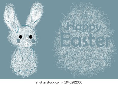 Happy Easter banner. Trendy Easter design with typography, outline Easter bunny and Easter eggs. The style is modern minimalism. Horizontal poster, postcard, website page, banner, brochure, postcard.