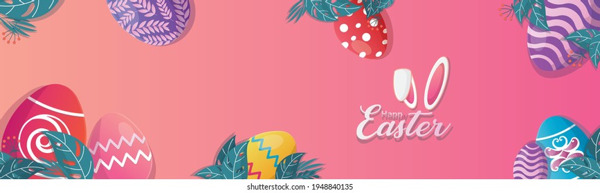 Cartel de Feliz Pascua. Diseño de moda de Pascua con tipografía, trazos y puntos pintados a mano, huevos y conejito en colores pastel. Afiche horizontal, tarjeta de saludo, cabecera del sitio web