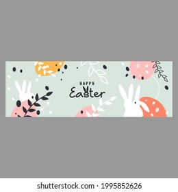 Frohe Osterbanner. Trendy Osterdesign mit Typografie, Eiern und Hase in Pastellfarben. Moderner minimalistischer Stil. Grußkarte, Kopfzeile für Website