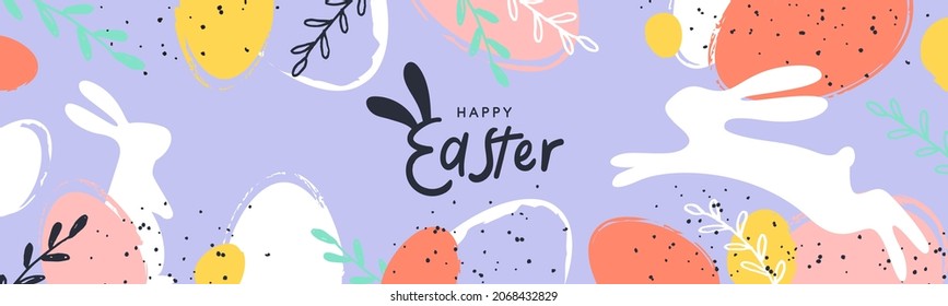 Cartel de Feliz Pascua. Diseño de moda de Pascua con tipografía, trazos y puntos pintados a mano, huevos y conejito en colores pastel. Moderno estilo minimalista. Afiche horizontal, tarjeta de saludo, cabecera del sitio web