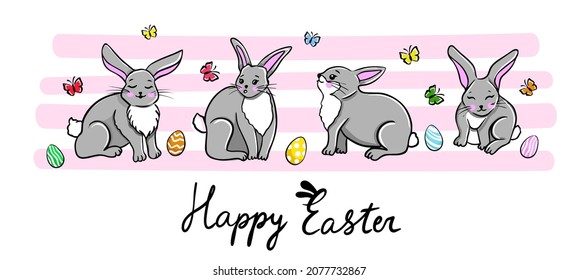 Happy Easter banner. Trendy Easter design with cute rabbits and eggs, vector illustration