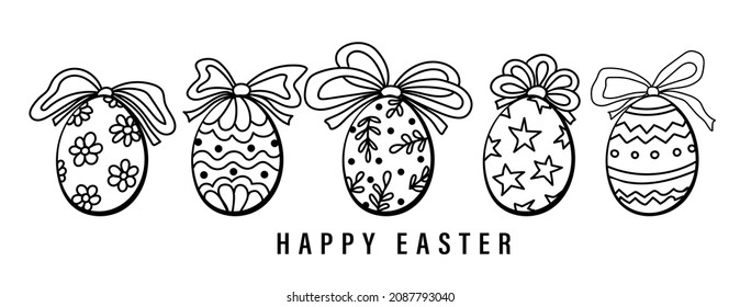 Happy Easter banner. Trendy Easter design with hand drawn easter eggs with tied bows. Design for holiday greeting card and invitation. Vector illustration.