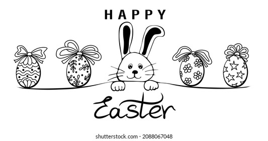Happy Easter banner. Trendy Easter design with typography, hand drawn funny bunny and eggs. Design for holiday greeting card and invitation. Vector illustration.