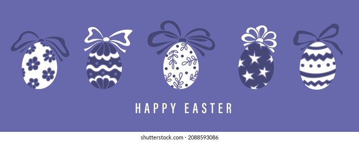 Happy Easter banner. Trendy Easter design with hand drawn easter eggs with tied bows in Very Peri color. Design for holiday greeting card and invitation. Vector illustration.
