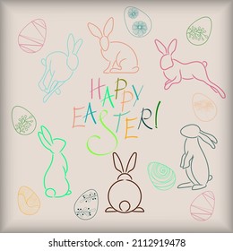 Happy Easter banner. Trendy Easter design with typography, hand painted strokes, eggs, bunnies in pastel colors. Modern minimalist. Poster, greeting card, banner for website, background. Vector EPS 10