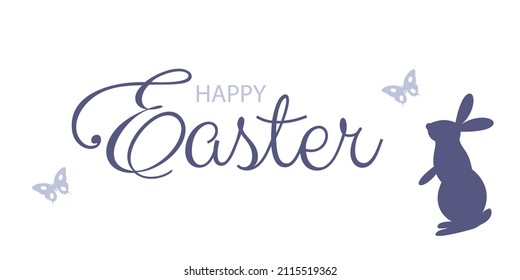 Happy Easter banner. Trendy Easter design with typography, drawn butterflies, rabbit. Modern minimalist style. Horizontal poster.Greeting card