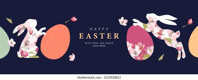 Happy Easter banner. Trendy Easter design with frame made of eggs, bunnies and spring flowers in pastel colors on dark blue. Modern flat style. Horizontal poster, greeting card, header for website