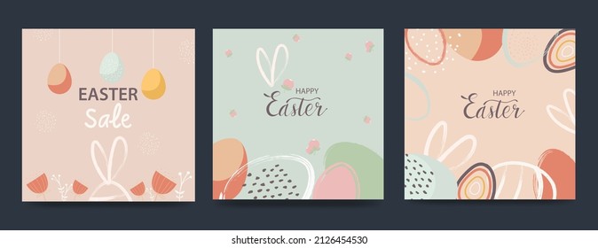 Happy Easter banner. Trendy Easter design with typography, hand drawn strokes and eggs, bunny ears, flowers in pastel colors. Modern minimalist style. Vector