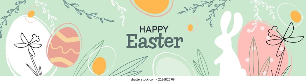 Happy Easter banner. Trendy Easter design in pastel colors. Modern minimal style with hand drawn leaves, eggs and plants. Best for invitations, greeting cards and advertation needs. 